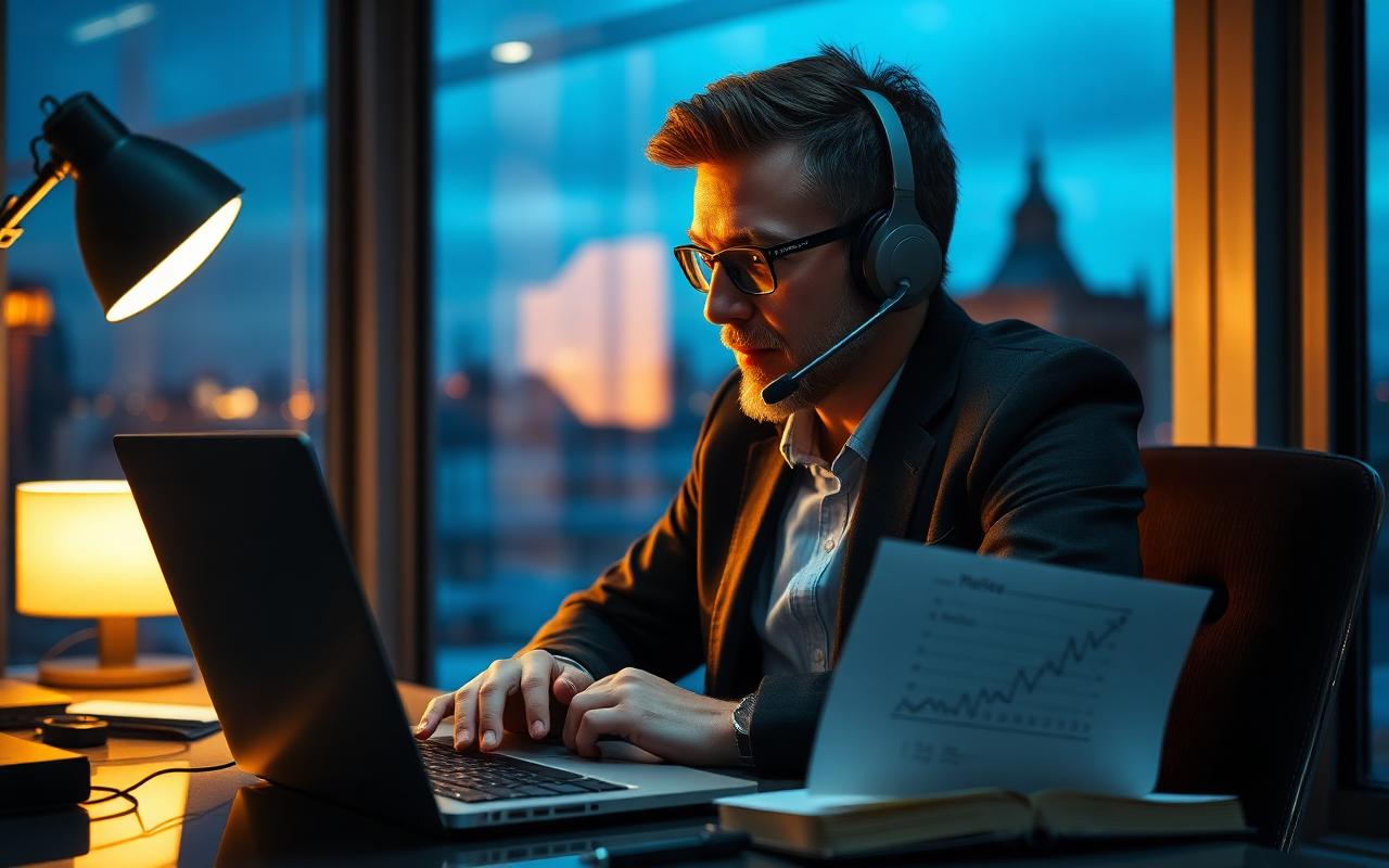 Sales operator on a call from a London office at dusk