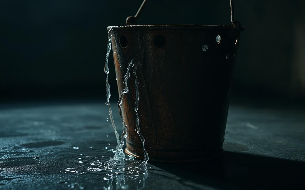 A cracked, rusty bucket leaking water in the dark — symbolising wasted revenue