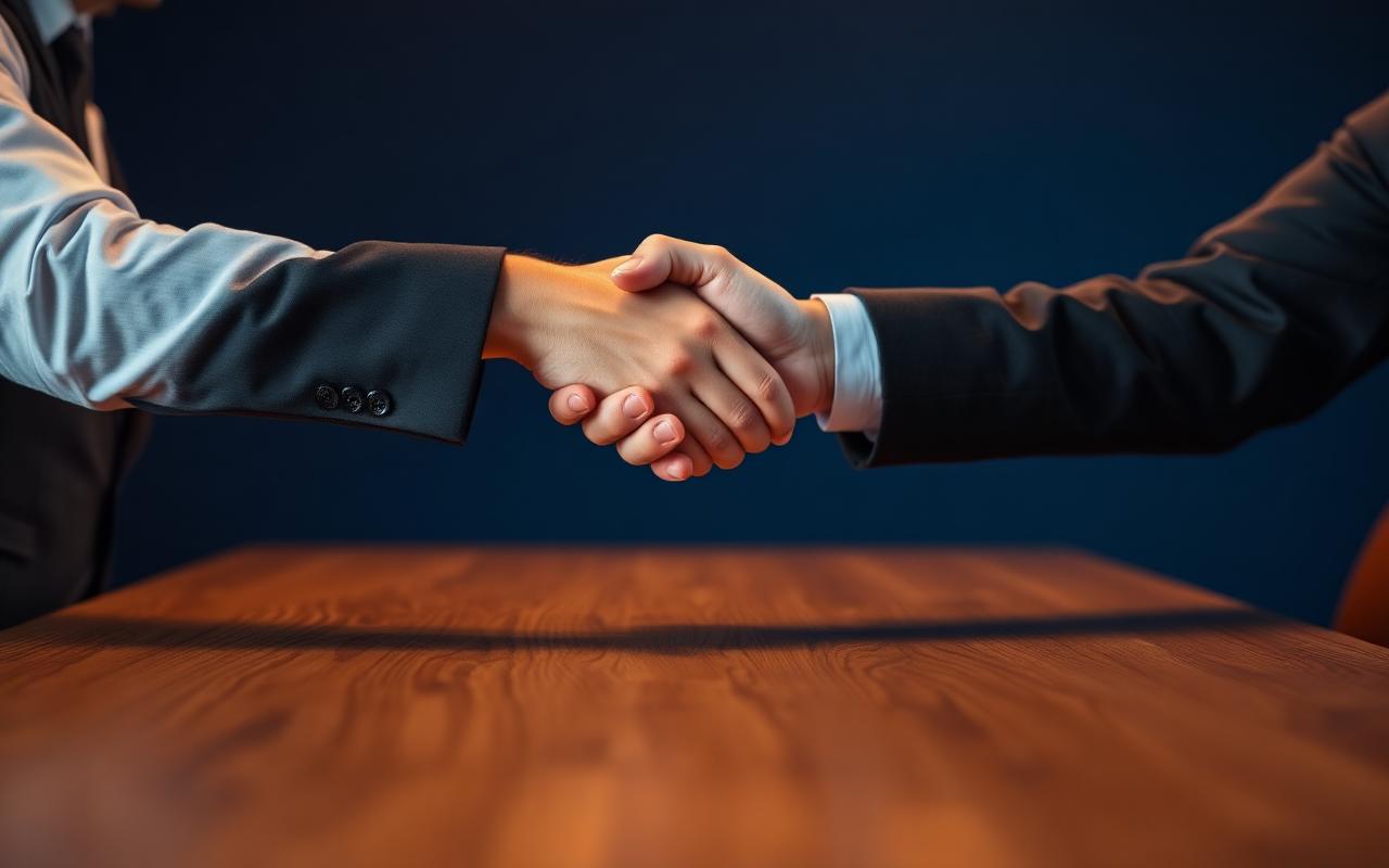 Two professionals shaking hands across a table - aligned deal